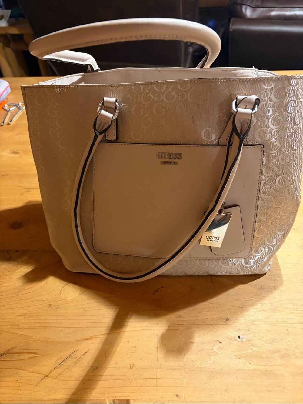 GUESS Cream Monogram Tote Bag with Front Pocket